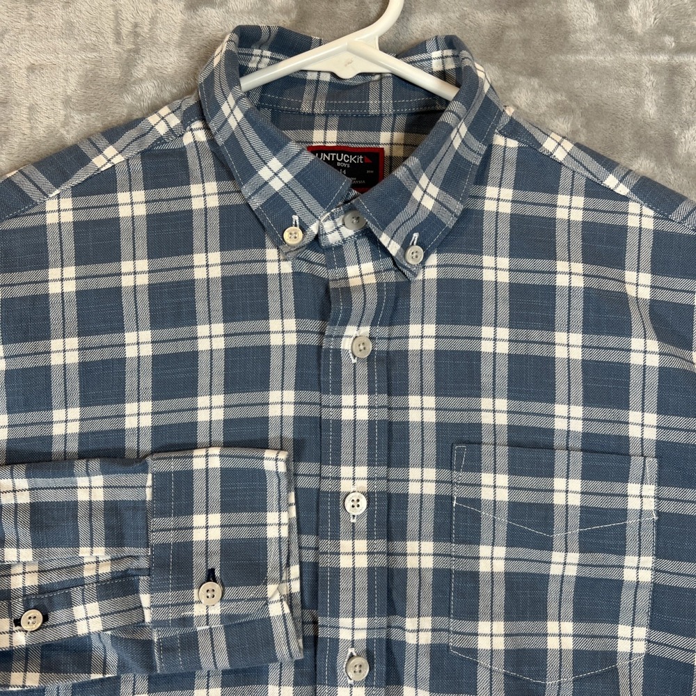 UNTUCKit Shirt Boys Blue/White Plaid Button Down Long Sleeve Top Size 14‎